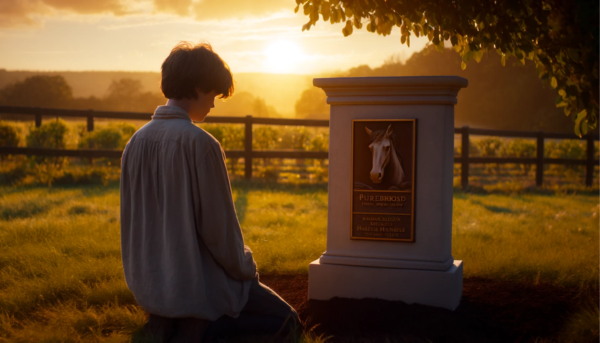 Una imagen panorámica que muestra a un joven mirando con nostalgia una placa conmemorativa o una lápida en memoria de su caballo de pura raza fallecido. La escena se desarrolla en un ambiente sereno al aire libre, posiblemente un campo o un jardín tranquilo. La persona, vestida con ropa informal y ligeramente gastada, refleja una sensación de pérdida y duelo. La lápida es sencilla pero elegante y presenta el nombre del caballo y un pequeño grabado de un caballo. Al fondo, una hermosa puesta de sol arroja una luz cálida y dorada, añadiendo un toque de tranquilidad al momento sombrío.
https://www.elduelo.es/