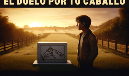 Una imagen panorámica que muestra a un joven mirando con nostalgia una placa conmemorativa o una lápida en memoria de su caballo de pura raza fallecido. La escena se desarrolla en un ambiente sereno al aire libre, posiblemente un campo o un jardín tranquilo. La persona, vestida con ropa informal y ligeramente gastada, refleja una sensación de pérdida y duelo. La lápida es sencilla pero elegante y presenta el nombre del caballo y un pequeño grabado de un caballo. Al fondo, una hermosa puesta de sol arroja una luz cálida y dorada, añadiendo un toque de tranquilidad al momento sombrío. https://www.elduelo.es/
